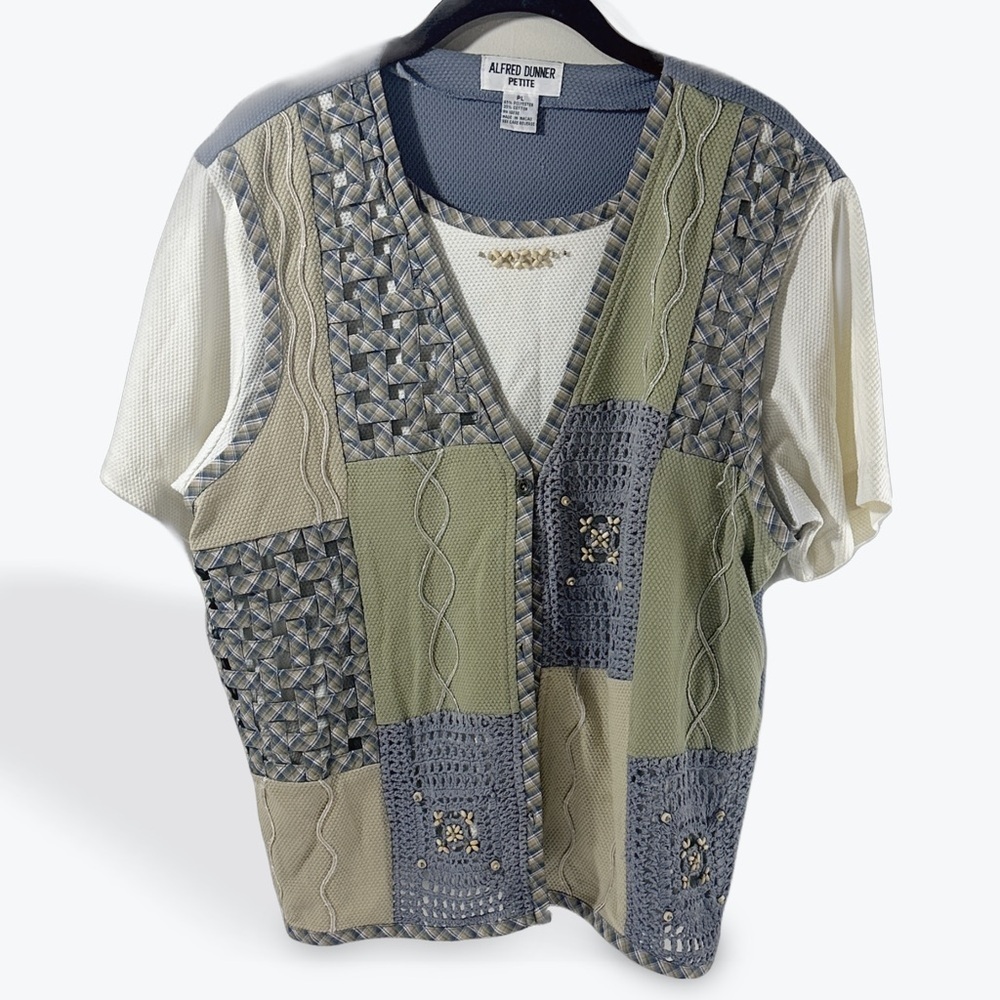 Alfred Dunner Geometric Patchwork Knit Embroidered Top Blue and Green Petite L